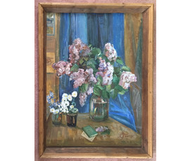 Рожков В.3. "Сирень цветет", 1978 г. ДВП, масло. Размер 117х83 см. №592