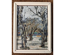 Михеева В.Н. "Улица Кирова. Минск", 1975г. Холст, масло. Размер с рамой 21,5х29,5 см. №1512