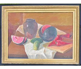 Баранов В.И "Натюрморт с арбузом", 1973г. ДВП, масло. Размер 50х70 см. № 2843