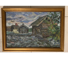 Попович М.И "Карельские баньки",1977г. Картон, масло. Размер 29х43 см. № 2519