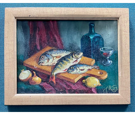Концуб А.А "Натюрморт с рыбой", 2018г. Оргалит, масло. Размер 15х20 см. № 2642