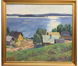 Козловский А.С "Край голубых озёр", 1980 г. ДВП, масло. Размер с рамой 74х66,5 см. № 4089