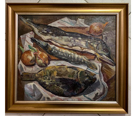 Тоболич М.Е "Натюрморт с рыбами", 1986г. ДВП, масло. Размер 33,5х38,5 см. № 2678