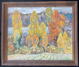 Ландарский Р.Е "Осень на Соже", 1998г. Холст на ДВП, масло. Размер 52х63 см. № 2760