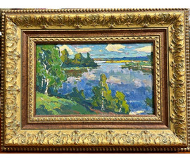 Шибнёв А.Д "Озеро в Заславле",1965 год. Картон, масло. Размер с рамой 40х52,5 см.№208