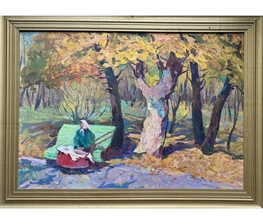 Гугель А.С. Вариант каталожной работы "Восень у парку" Минск, 1969г. Картон, масло. Размер с родной рамой 65х86 см. № 3817 (артикул №3817) - фото №2