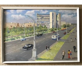 Булычев Ю.А. "Минск.Проспект Ленина завод Агат",1970г. Картон, масло. Размер 60х85 см. №751