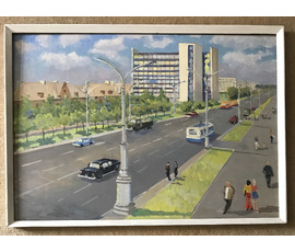 Фото: Булычев Ю.А. "Минск.Проспект Ленина завод Агат",1970г. Картон, масло. Размер 60х85 см. - Артикул №751