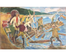 Крохалев П.С. (Крохолев) "На лесосплаве",1977 г. Оргалит, масло. Размер 52х77см. №818