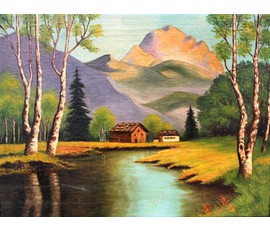 Картина "Два домика в горах у озера" №100