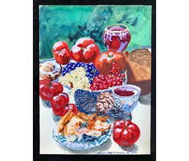 Фото: Михеева В.Н. Акварель "Натюрморт с вином и помидорами", 1979 год; 48/36 см - Артикул №1528