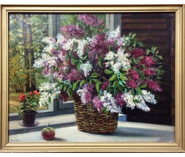 Гамов А.И "Сирень в окне", 1994г. Картон, масло.Размер 30х25 см. №349