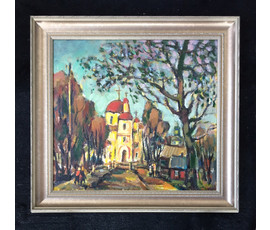 Звонков И.Г. "Церковь", картон, масло. Размер 60х57 см. №547