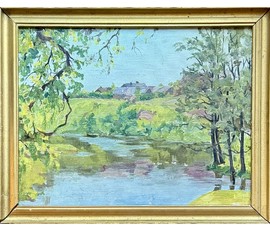Гавриленко П.Н "Река", 1955г. Холст, масло на фанере. Размер с родной рамой 44х54 см. № 3886