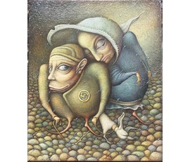 Петрань В. "Двое и белая собачка", 2019г. Холст, масло. Размер 60х50 см. № 3951