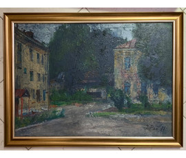 Рей И.П "Мінскі дворык". 1973г. Картон, масло. Размер 50х70 см. № 2669
