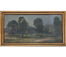 Цудик Н.М "Деревня.Вечер", 1984 г. Картон, масло.Размер с рамой 43,5х23,5 см. № 3797