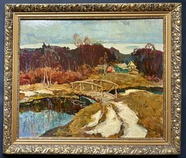 Гугель А.С "Последний снег", картон, масло. Размер с учётом родной рамы 60х70 см. № 3589