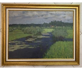 Кравцов В.П "Пейзаж с речкою", 1968г. Холст, масло. Размер 51х69 см. № 2915