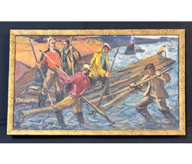 Фото: Крохалев П.С (Крохолев) "Сплавщики", 1963г. Холст, масло. Размер с рамой 49х81 см. № 3859 - Артикул №3859