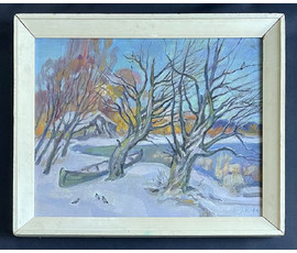 Поплавский Г.Г "Зимний пейзаж с лодкой и домиком", 2004г. Холст, акрил. Размер 40х50 см. № 3625