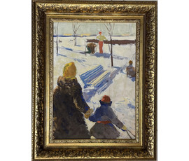 Фото: Казакевич Н.К "Зимний день", 1978г. Холст, масло, картон. Размер 49х35 см. № 3609 - Артикул №3609