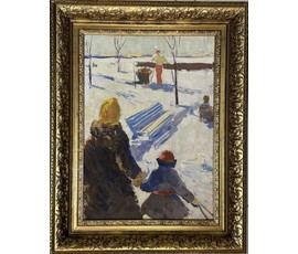 Фото: Казакевич Н.К "Зимний день", 1978г. Холст, масло, картон. Размер 49х35 см. № 3609 - Артикул №3609