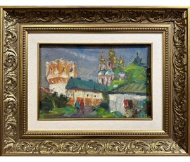 Красовский Е.Е "Пейзаж с церковью", 1969г. Картон, масло. Размер без рамы 19х29 см. № 3173