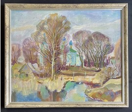 Поплавский Г.Г. Каталожная работа "Между небом и землёй.Браславская церковь", 1993г. Холст, масло. Размер с рамой 51х60,5 см. № 3615