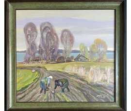 Фото: Поплавский Г.Г "Вечный мотив.Уборка картофеля", 1992г. Холст, акрил. Размер 60х65 см. № 3613 - Артикул №3613