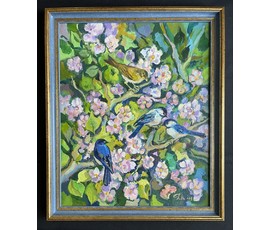 Фото: Поплавский Г.Г "Цветы и птицы.Весна". Холст, акрил. Размер с рамой 52х62 см. № 3612 - Артикул №3612