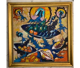 Кищенко А.М. Каталожная работа "Натюрморт в пространстве", размер 120х120 см., а её авторский вариант, находящийся у нас в галерее размер 97,5х97,5 см. ДВП, масло.№1828