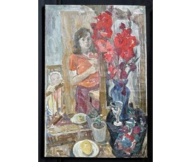 Стельмашонок В.И "Красные гладиолусы- букет для любимой", 1972г. Холст, масло. Размер 55,5х88,5 см. № 3692