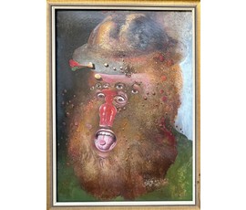 Скрипниченко Г.С.Художник-сюрреалист, "белорусский Дали". Каталожная работа "Супакойся браценнік-гэта куравы грып", 1987-2006 г.г. Картон, масло. Размер с рамой 74х55 см. № 3895