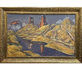 Дударенко Л.А "Отражение истории.Башни Новогрудской земли",1973г. Картон, масло. Размер с рамой 96,5х67 см. № 3731