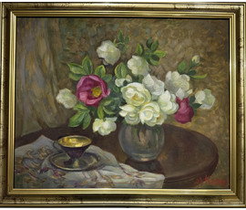 Кеслер М.Л "Розы", 1991год. ДВП, масло. Размер с рамой 58х48 см. № 3834