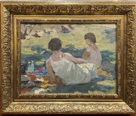 Ахремчик И.О "На отдыхе", 1952г . Картон, масло. Размер с рамой 57х47 см. № 3735