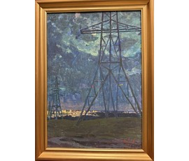 Козловский А.С "Высоковольтные столбы.Окраина Минска", 1983 г. Картон, масло. Размер с рамой 41,5х57 см. № 4083