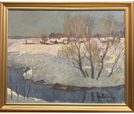 Фото: Козловский А.С "Зима", 1978 г. Картон, масло. Размер с рамой 69х57,5 см. № 4086 - Артикул №4086