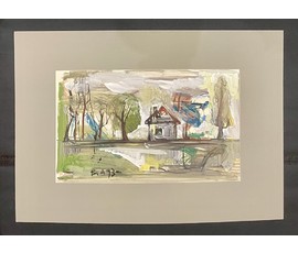 Акулов В.И "Домик у озера", 1993г. Смешанная техника. Размер 70х50 см. № 3505