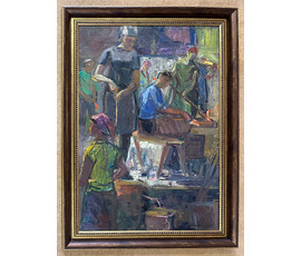 Фото: Красовский Е.Е. "На стеклозаводе", 1975г. Картон, масло.Размер 50х70 см. № 2610 - Артикул №2610