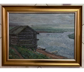 Попович М.И "Банька на Севере", 1973г. Картон, масло. Размер 30х42 см. № 2686