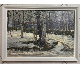 Фото: Корженевский А.С "Талый снег", 1973г. Картон, масло. Размер 35х49 см. № 3023 - Артикул №3023
