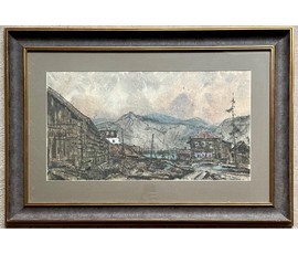 Кубарев В.Г. “Сибирское село”,1964г. Бумага, гуашь, акварель. Размер 68х100 см. с рамой и паспарту. №885