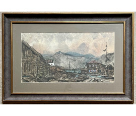 Кубарев В.Г. “Сибирское село”,1964г. Бумага, гуашь, акварель. Размер 68х100 см. с рамой и паспарту. №885