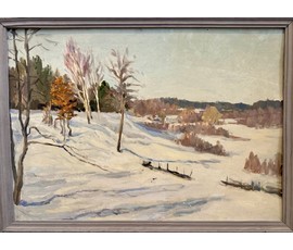 Фото: Бржозовский Г.Ф "Белорусский зимний пейзаж", 1947г. Картон, масло. Размер с рамой 74,5х54,5 см. см. № 3451 - Артикул №3451