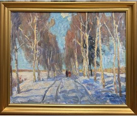 Козловский А.С "Зимняя прогулка", 1975 год. Картон, масло. Размер с рамой 56,5х47 см. № 3824