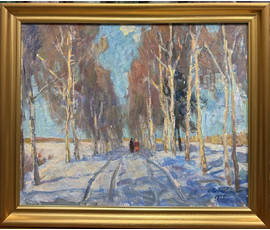 Фото: Козловский А.С "Зимняя прогулка", 1975 год. Картон, масло. Размер с рамой 56,5х47 см. № 3824 - Артикул №3824
