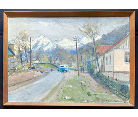 Красовский Е.Е "Красная поляна", 1953г. Холст на картоне, энкаустика. Размер с родной рамой 72,5х53,5 см. № 4002