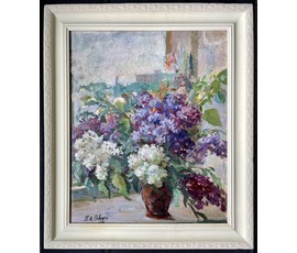 Явич П.М "Сирень на окне",1959г. Холст, масло. Размер с рамой 70х80 см. № 3682